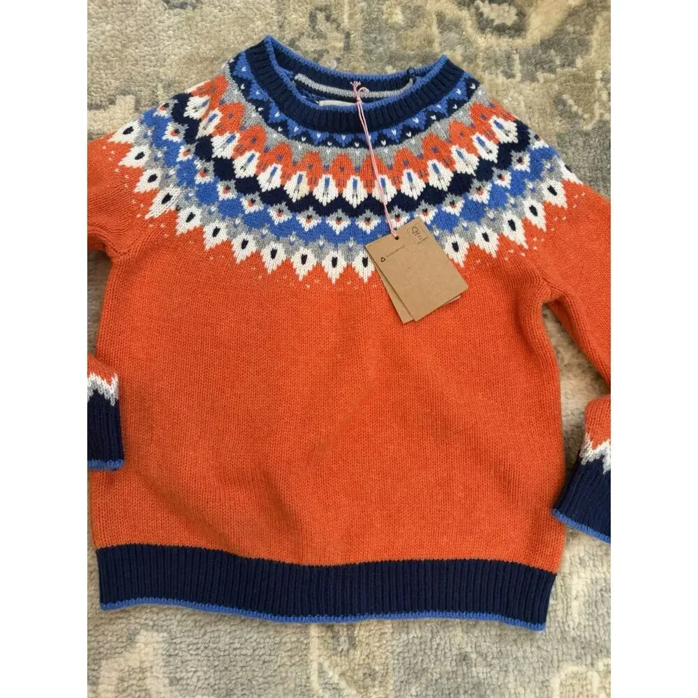 Mini Boden Orange Fair Isle Wool Blend Sweater Kids Sz 6-7 NWT $79